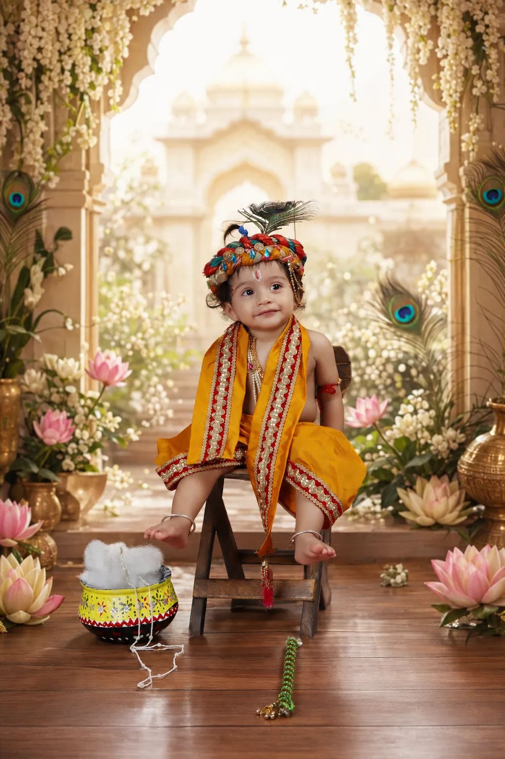 A smiling young participant dressed as Krishna