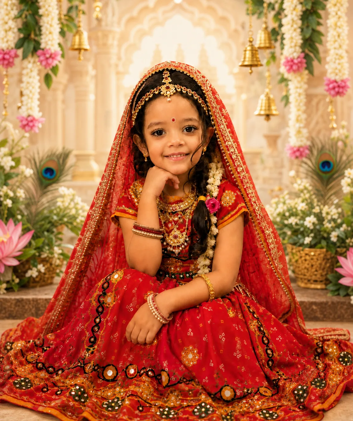 A smiling young participant dressed as Radha